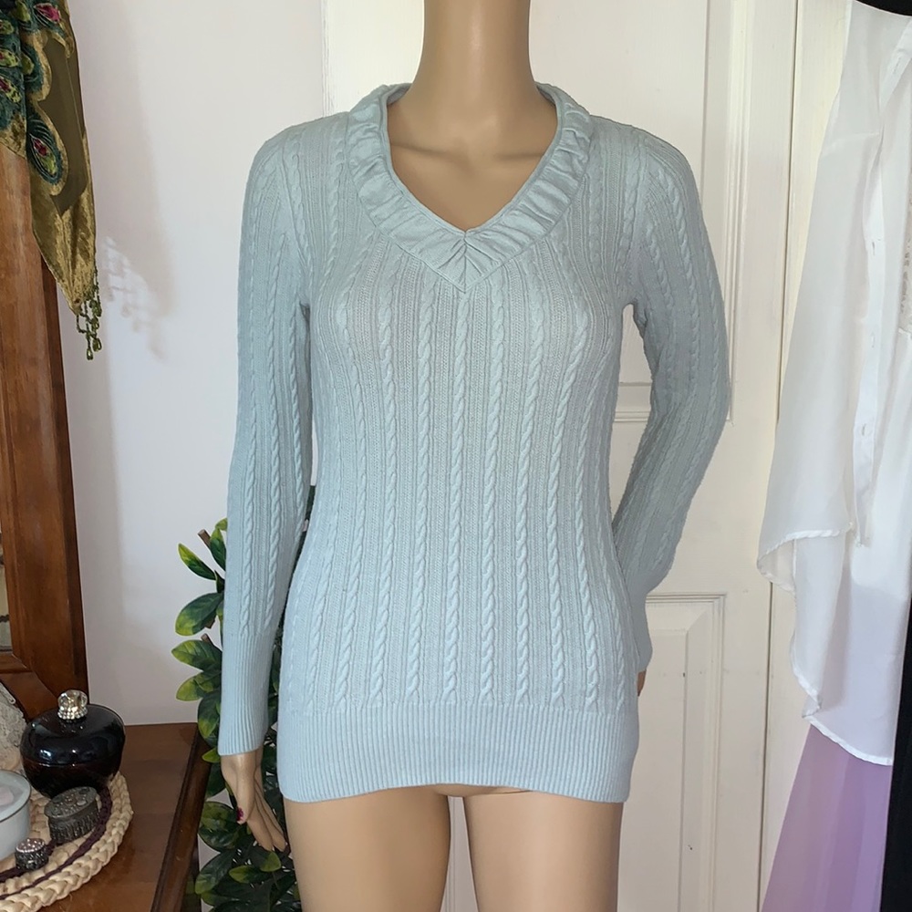 Eddie Bauer Cableknit sweater hourglass mint green v neck pullover XS